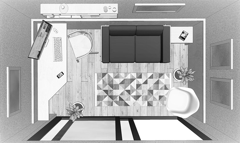 interior view of Ampo garden room, as combined sitting room and home office