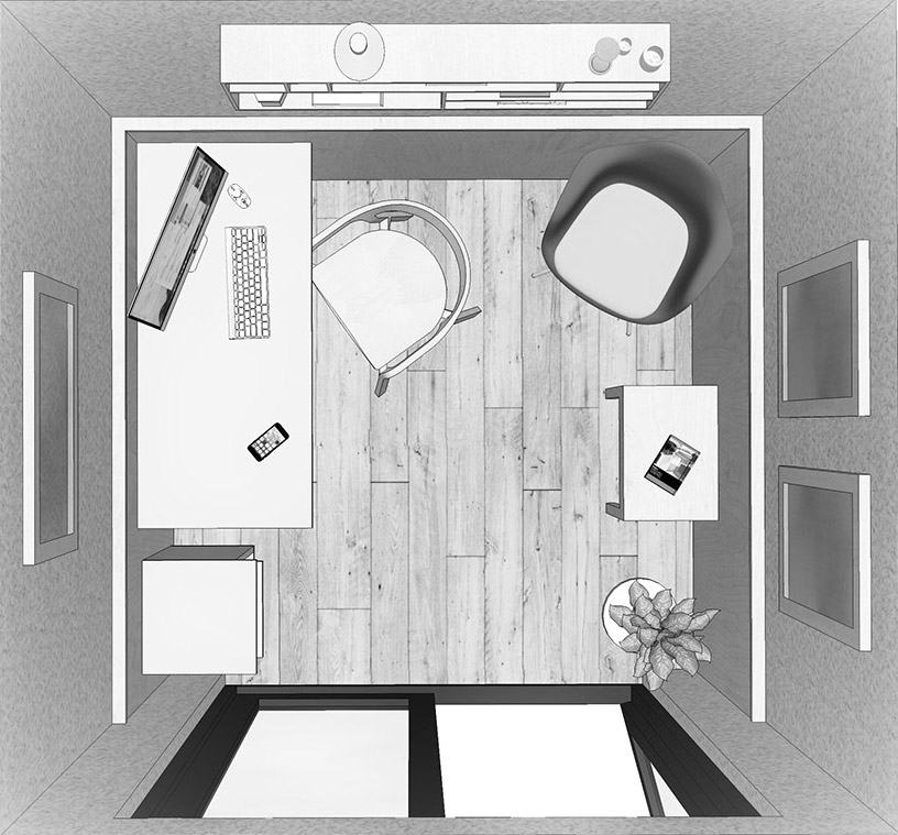 Interior view of Pico garden room from above, as home office