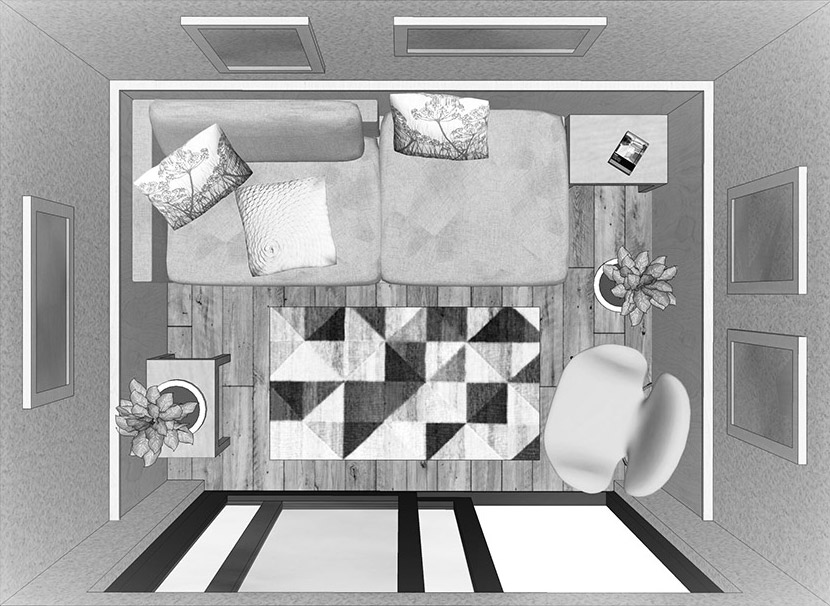 Interior view of Modo garden room from above, as garden sitting room