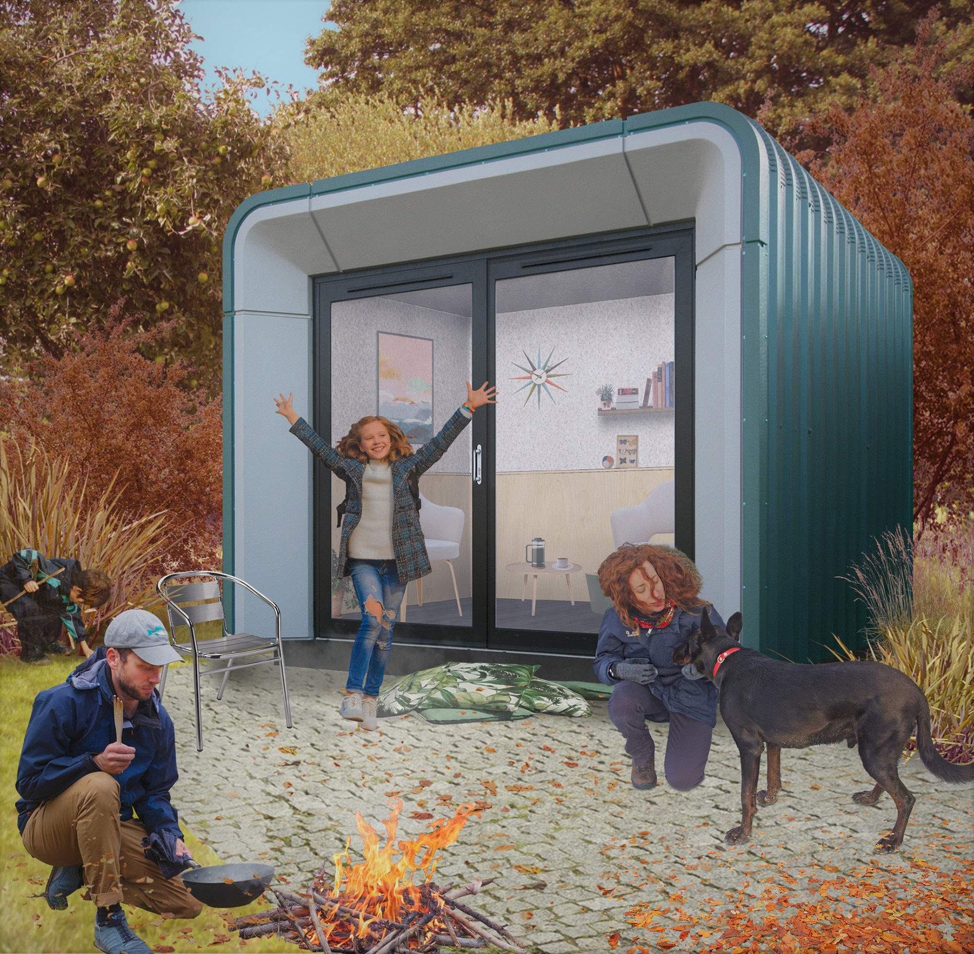 MODO-3-1 modern garden room in Autumn setting, with family camp fire outside