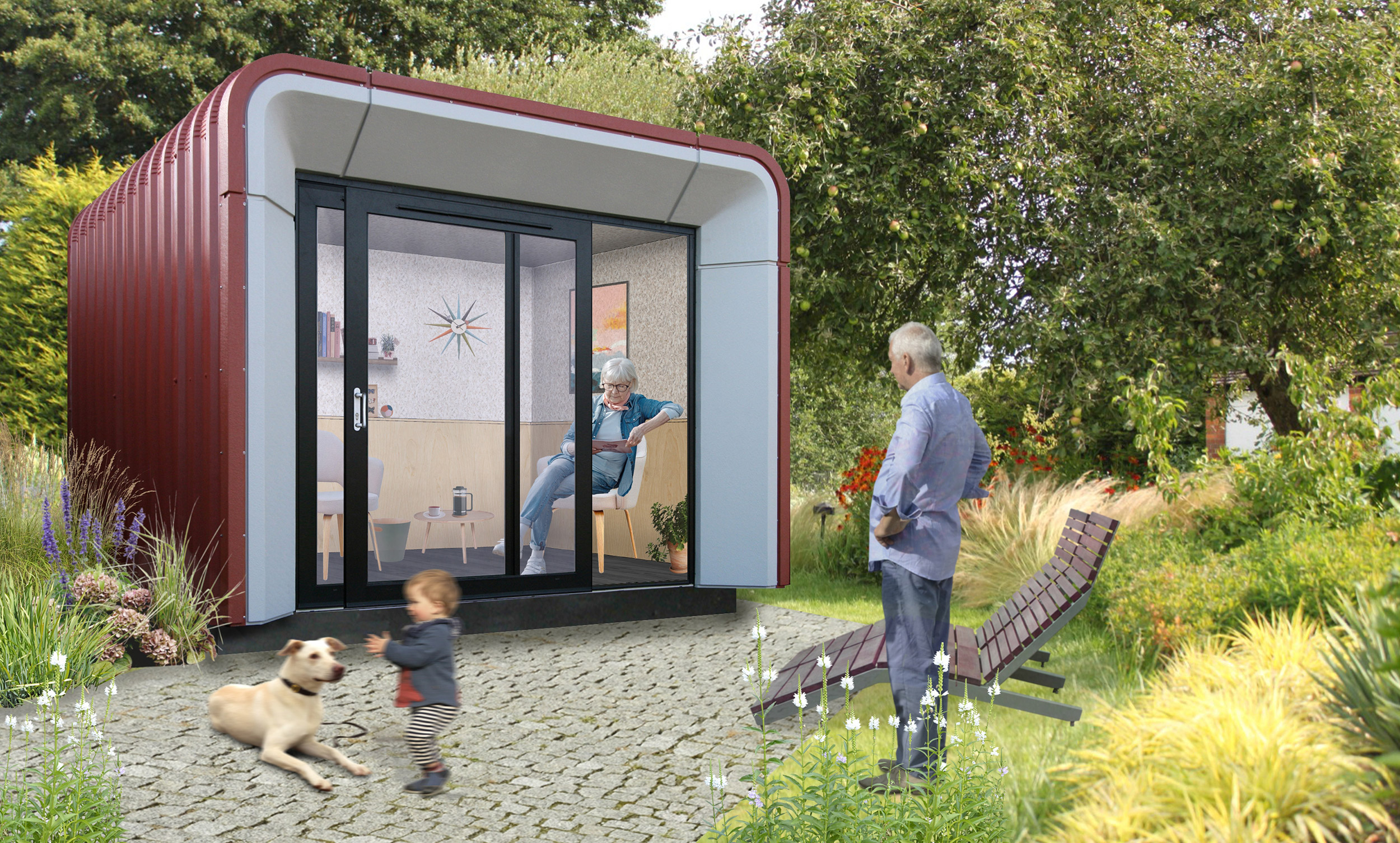 MODO-3-2 modern garden room with grandparents, child and pet dog