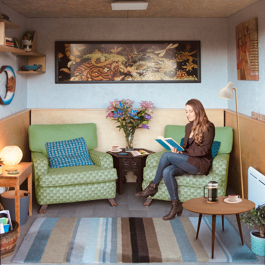 Rumipod-Recreational-Use-Function interior view of garden sitting room with woman reading