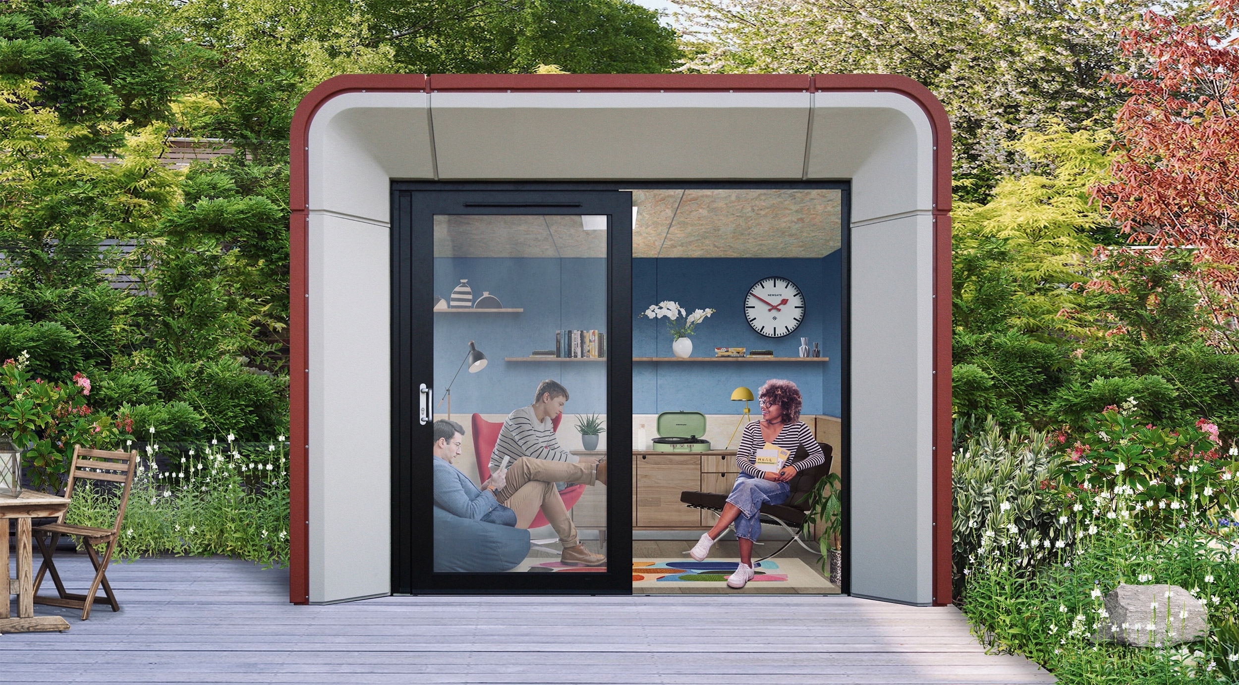 Rumipod-Slider-Recreational-Use-1 modern garden room with curved shape, shown as a garden sitting room