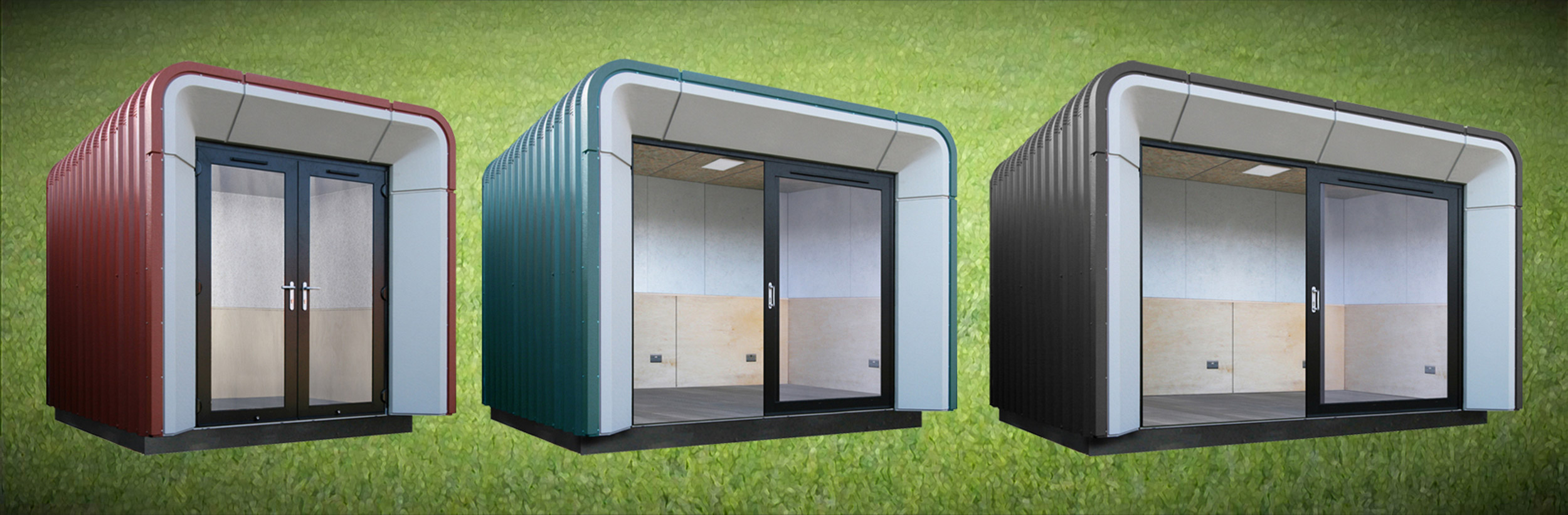 line up of 3 sizes of contemporary garden rooms, with 3 cladding colour options