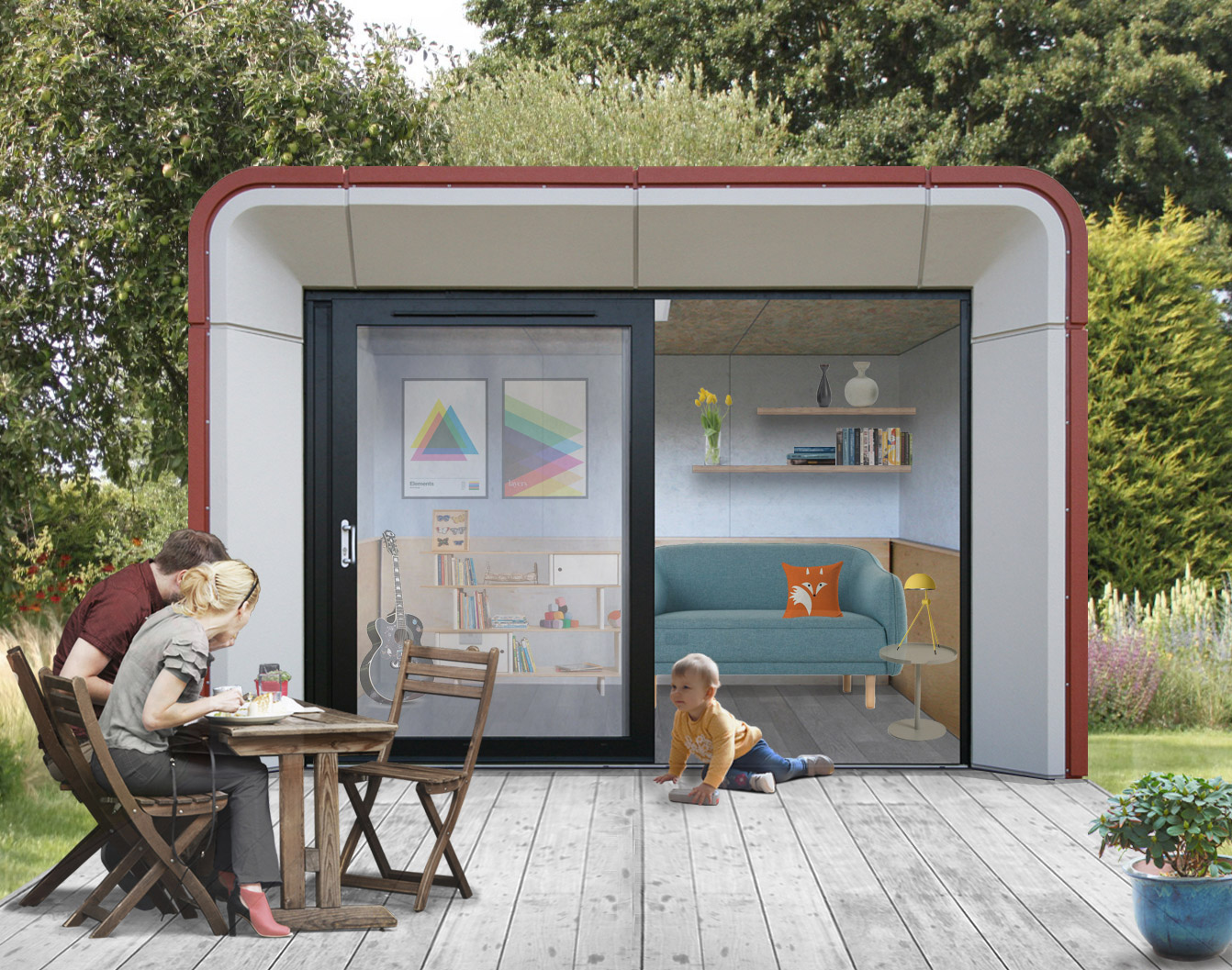 ampo–front-on—garden-1–open-door modern garden room with family