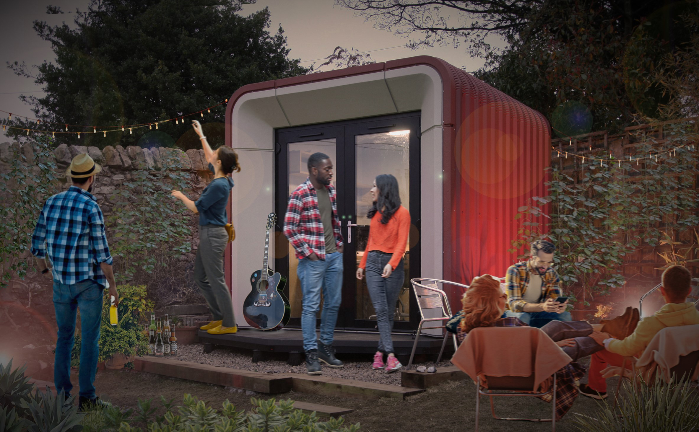 dusk–party-scene-A evening garden party - contemporary garden room